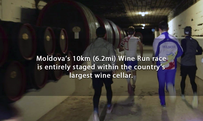 fun - Moldova's 10km 6.2mi Wine Run race is entirely staged within the country's largest wine cellar.