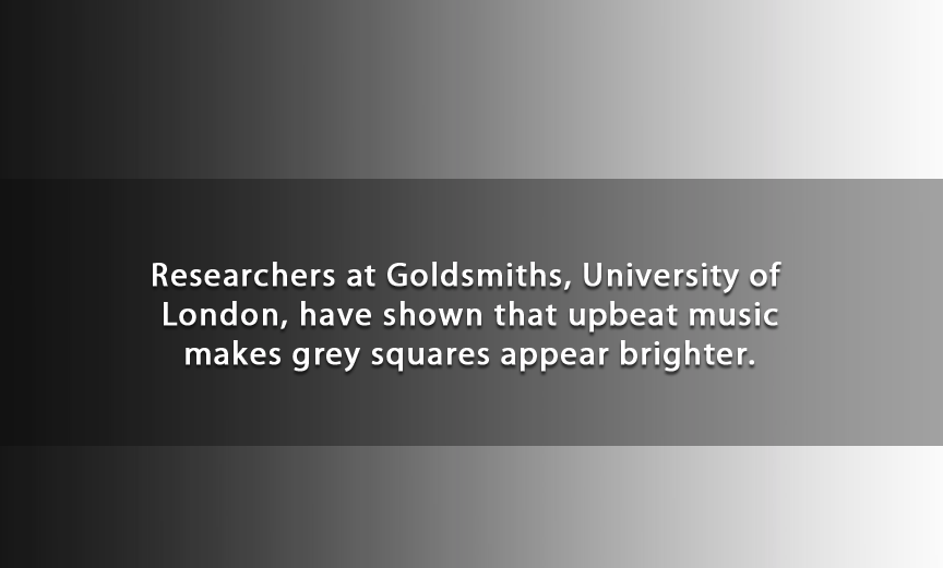 angle - Researchers at Goldsmiths, University of London, have shown that upbeat music makes grey squares appear brighter.