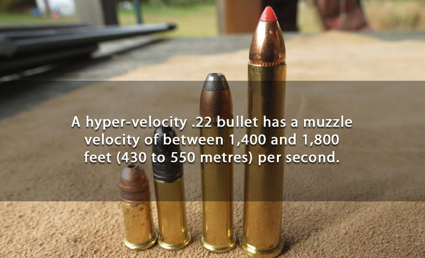 bullet - A hypervelocity .22 bullet has a muzzle velocity of between 1,400 and 1,800 feet 430 to 550 metres per second.