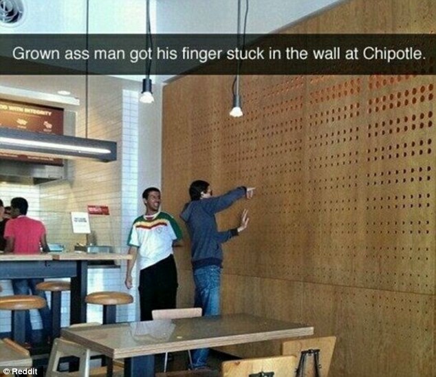 funny snapchat man finger stuck in chipotle wall - Grown ass man got his finger stuck in the wall at Chipotle. It Reddit