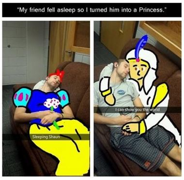 funny snapchat friend fell asleep meme - "My friend fell asleep so I turned him into a Princess. I can show you the world Sleeping Shaun
