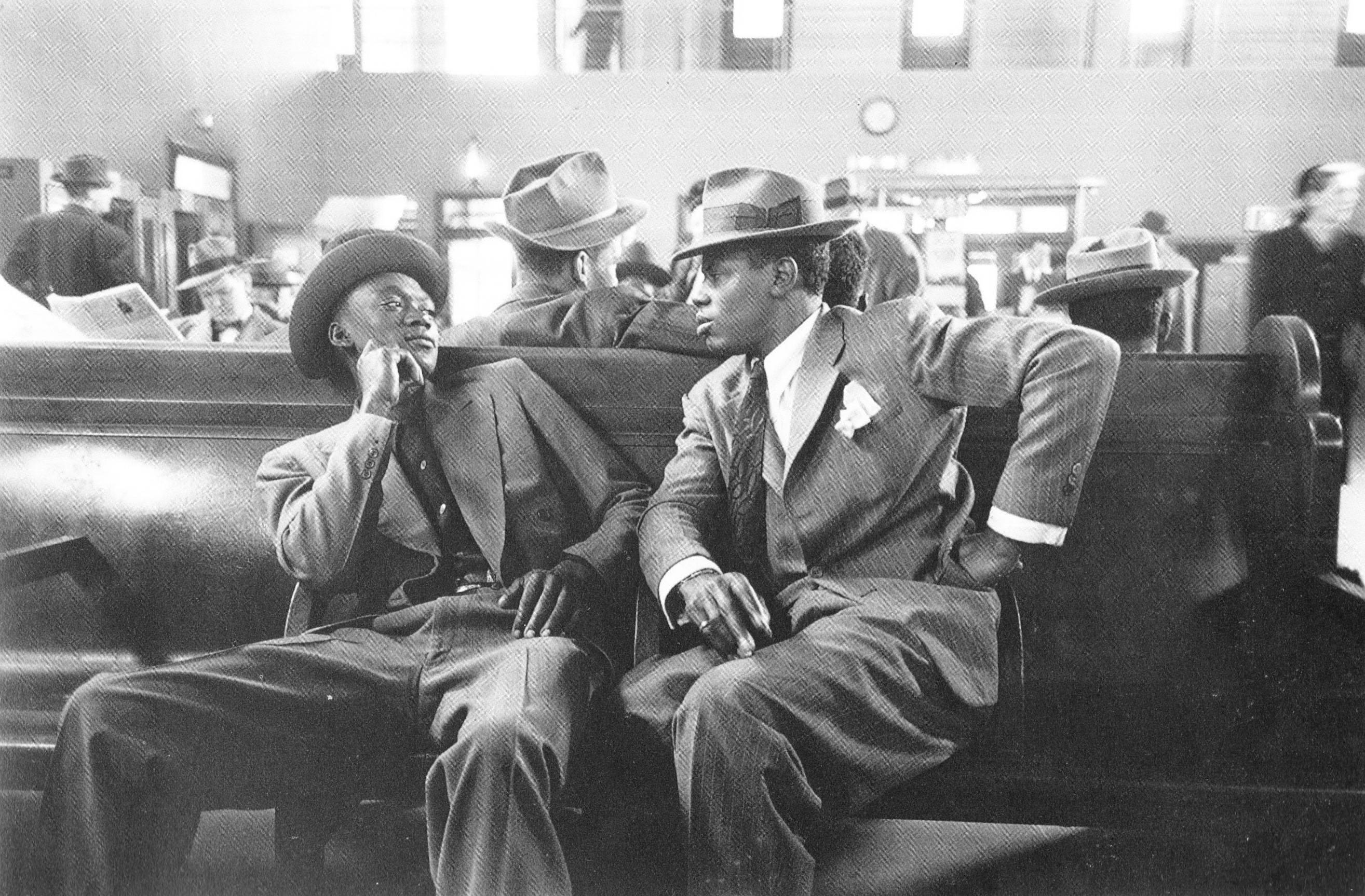 Two men at Greyhound Bus Terminal. New York City. 1947