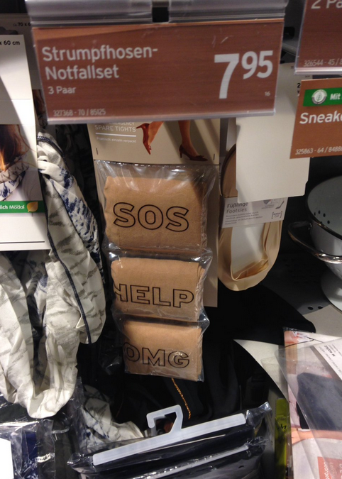 Emergency Tights, with helpful phrases on them to show off that you really never intended to be seen in them.