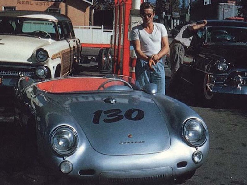 This is American actor James Dean, who was filling up his Porsche at the gas station in 1955. Hours later, Dean would sadly be killed in a car crash in the same car.