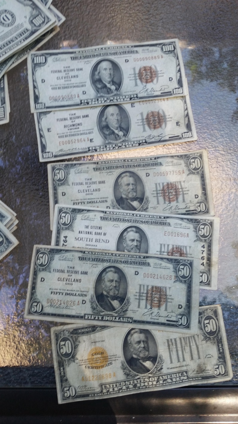 Some of the bills were rarer than others. Some brown notes, a gold certificate and some star notes nearly uncirculated. All bills were from 1928-1934.