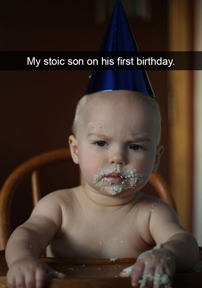 kids snapchat stoic son - My stoic son on his first birthday.