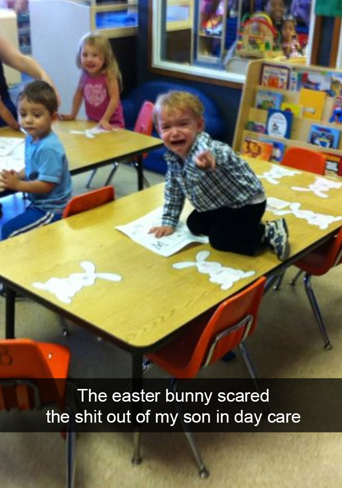 kids snapchat kindergarten kid crying - The easter bunny scared the shit out of my son in day care