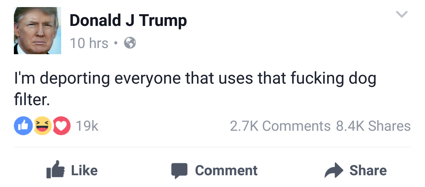 donald j trump - Donald J Trump 10 hrs I'm deporting everyone that uses that fucking dog filter. O 19k Comment