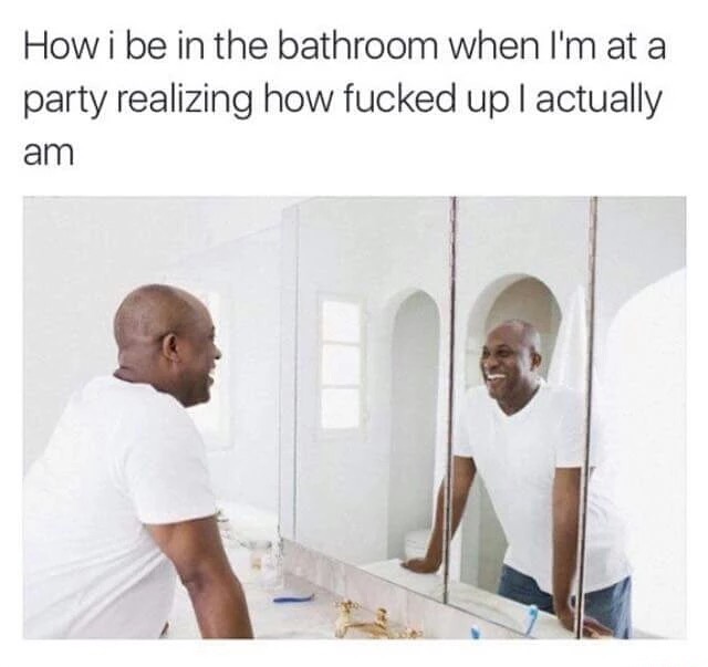 funny memes, hilarious, funny jokes - party bathroom meme - Howi be in the bathroom when I'm at a party realizing how fucked upl actually am