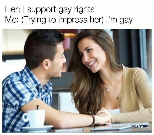 meme - trying to impress her meme - Her I support gay rights Me Trying to impress her I'm gay Sure.Co