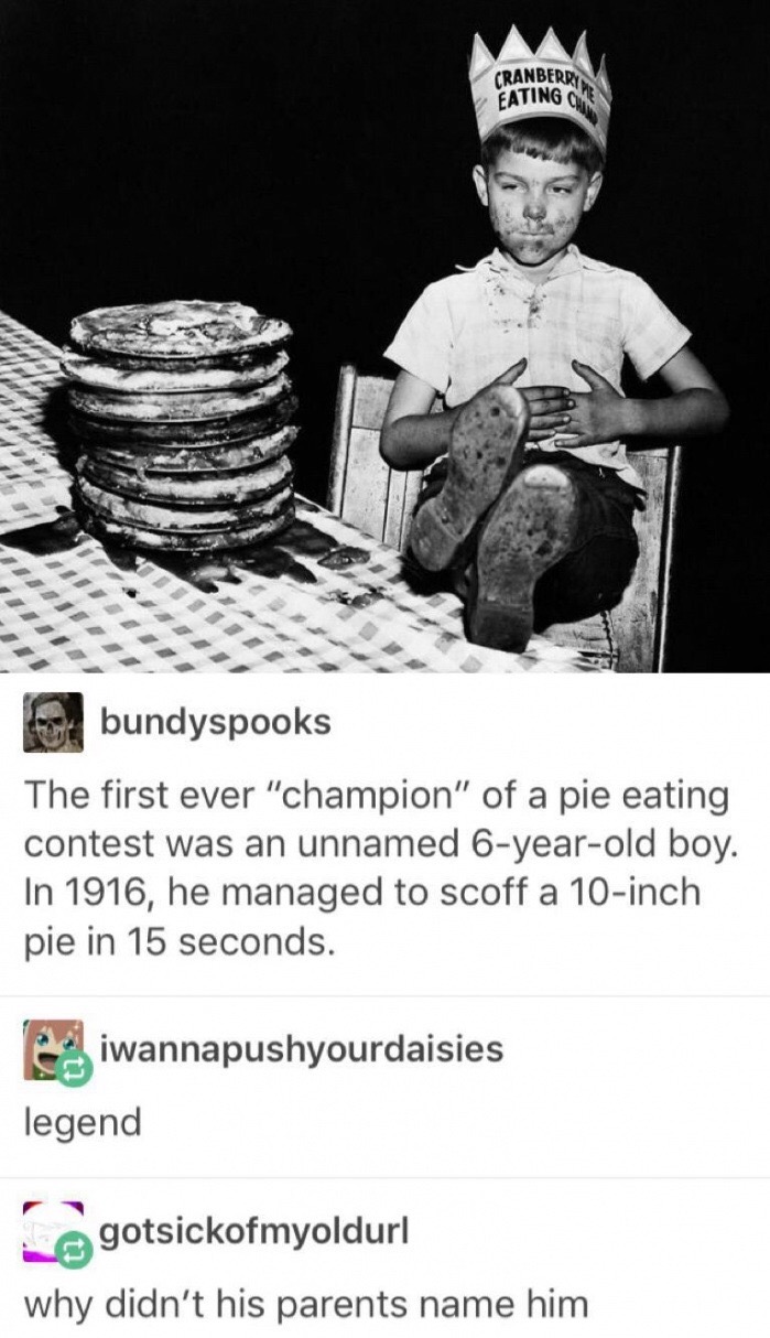 meme - 1916 pie eating contest - Cranberry Eating On bundyspooks The first ever "champion" of a pie eating contest was an unnamed 6yearold boy. In 1916, he managed to scoff a 10inch pie in 15 seconds. ciwannapushyourdaisies legend Logotsickofmyoldurl why 