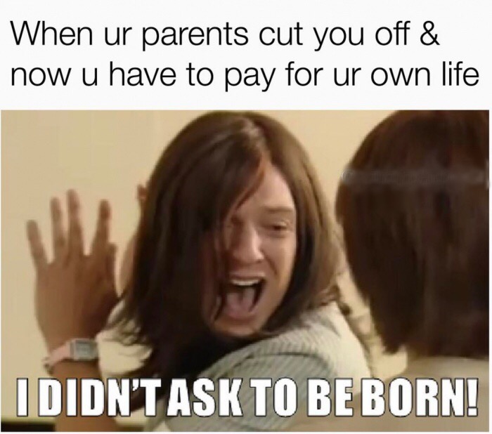 meme - dumb memes - When ur parents cut you off & now u have to pay for ur own life I Didn'T Ask To Be Born!