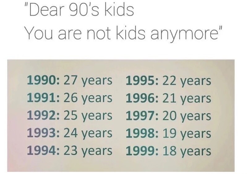 meme stream - writing - "Dear 90's kids You are not kids anymore" 1990 27 years 1995 22 years 1991 26 years 1996 21 years 1992 25 years 1997 20 years 1993 24 years 1998 19 years 1994 23 years 1999 18 years