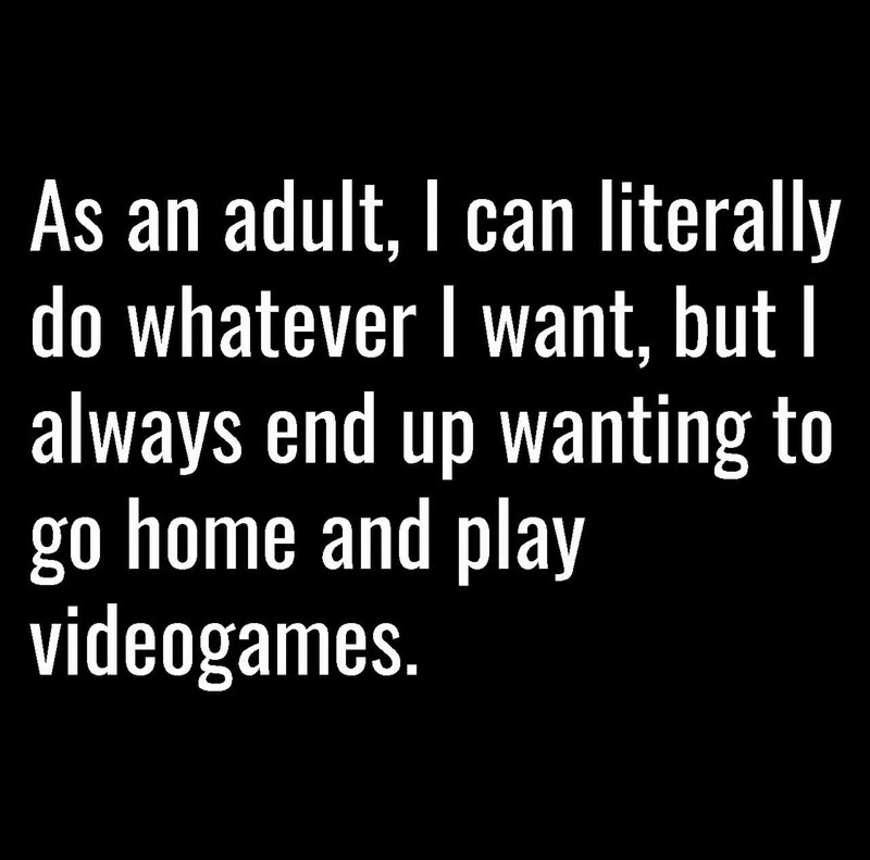 meme stream - monochrome - As an adult, I can literally do whatever I want, but I always end up wanting to go home and play videogames.