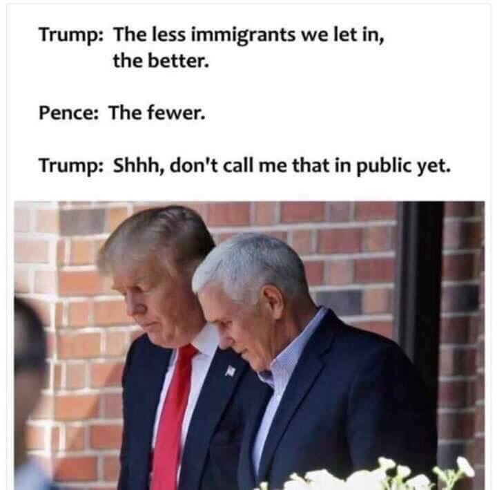 meme stream - trump pence fewer - Trump The less immigrants we let in, the better. Pence The fewer. Trump Shhh, don't call me that in public yet.