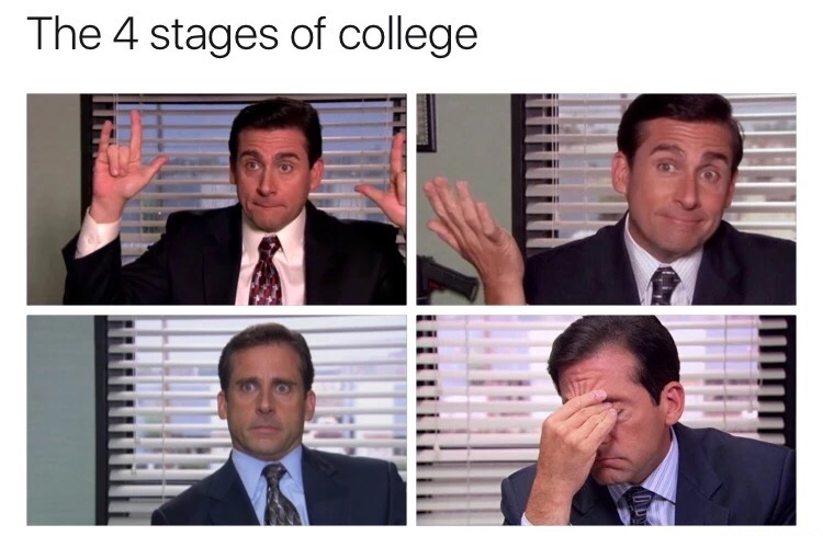 meme stream - stages of night shift meme - will The 4 stages of college
