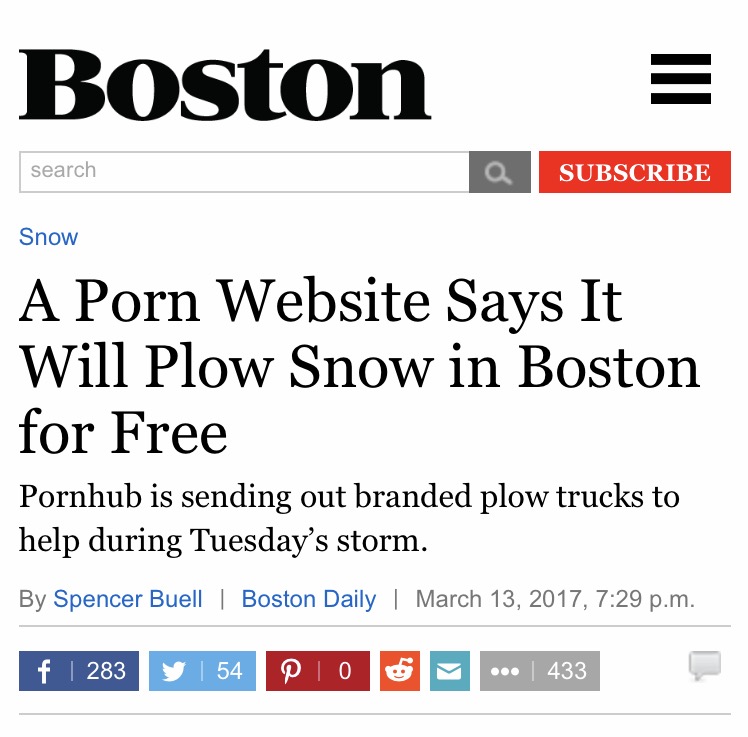 Pornhub's Marketing Is Genius, Will Plow Snow In Boston For Free