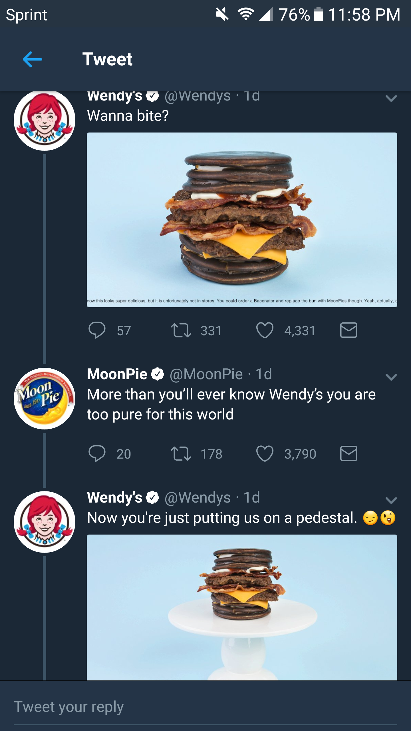 screenshot - Sprint $476% Tweet Wendys Wendys 10 Wanna bite? O 57 17 3314,3319 MoonPie 1d More than you'll ever know Wendy's you are too pure for this world 2017. 178 3,7909 Wendy's 1d Now you're just putting us on a pedestal Tweet your