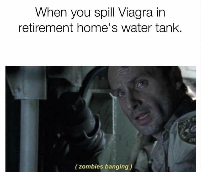 random memes - When you spill Viagra in retirement home's water tank. zombies banging