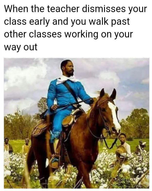 django on a horse - When the teacher dismisses your class early and you walk past other classes working on your way out