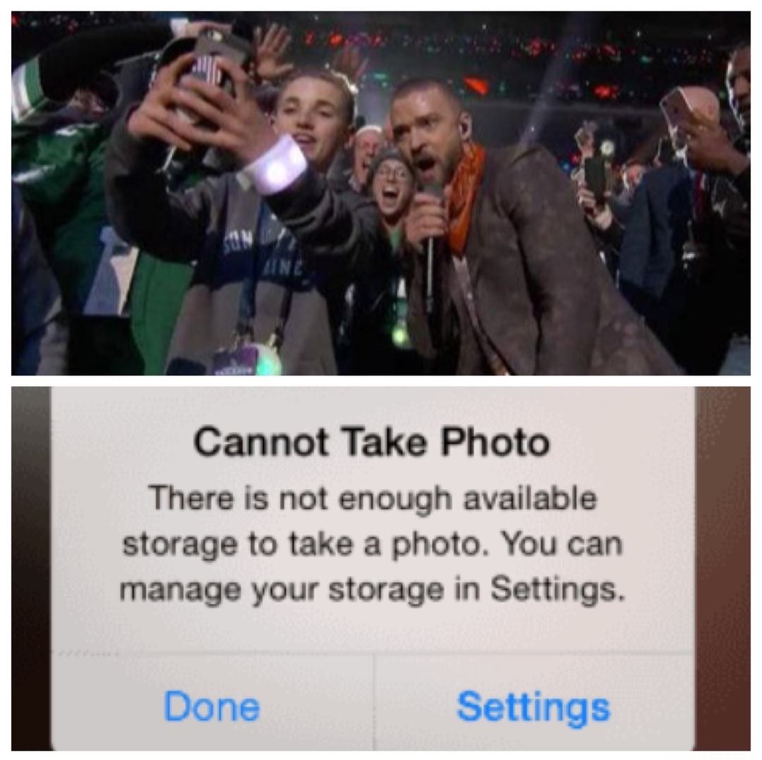 Cannot Take Photo There is not enough available storage to take a photo. You can manage your storage in Settings. Done Settings