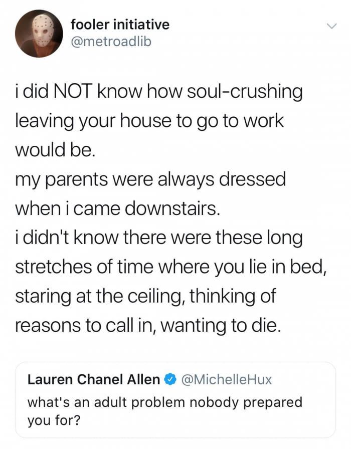 fooler initiative i did Not know how soulcrushing leaving your house to go to work would be. my parents were always dressed when i came downstairs. i didn't know there were these long stretches of time where you lie in bed, staring at the ceiling, thinkin