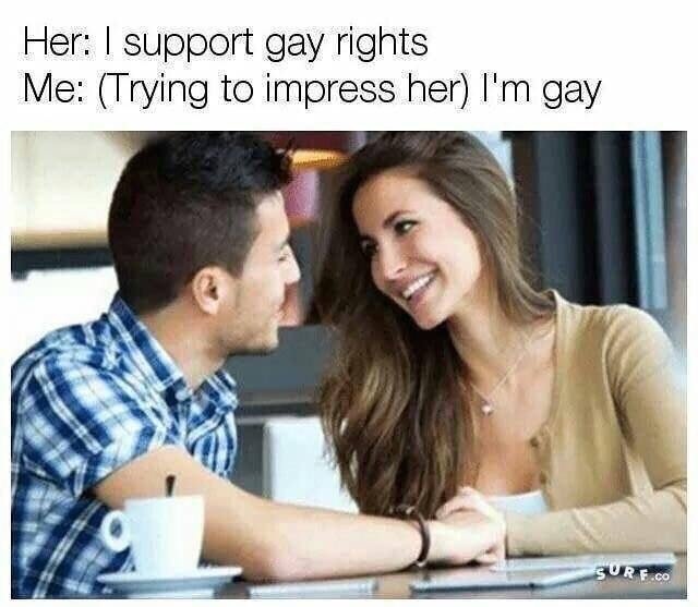 me trying to impress her gay meme - Her I support gay rights Me Trying to impress her I'm gay Sure.Co