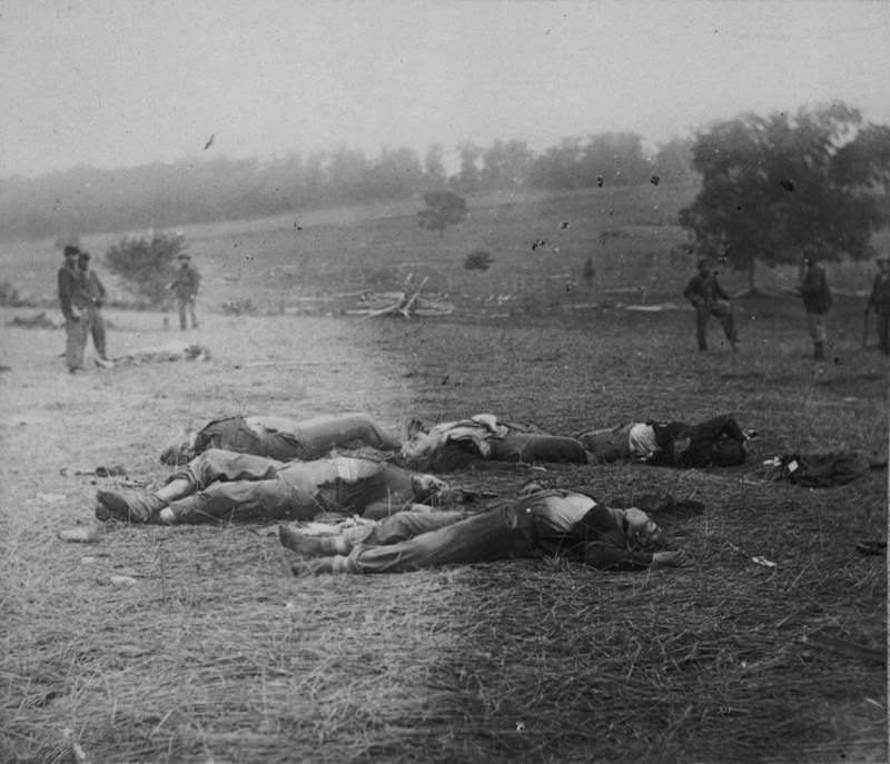 Timothy O'Sullivan's "Harvest of Death" features dead Union soldiers strewn about the Gettysburg battlefield, 1863.
