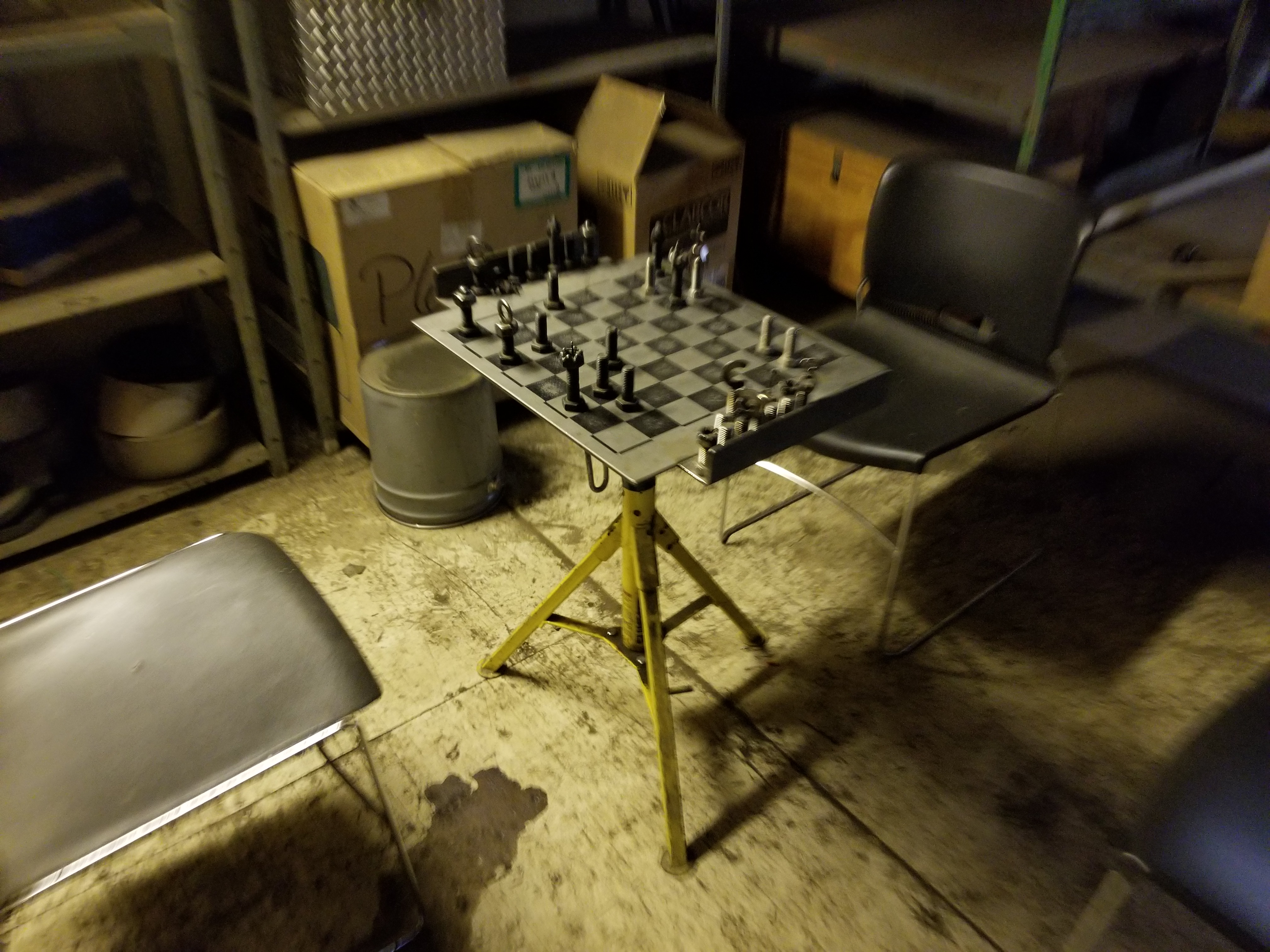 It turns out a couple of the old welders needed a spot to relax, away from the constant noise and distractions. They discovered this little hideaeway and have been playing chess, on a handmade set, daily for the past 20 years.