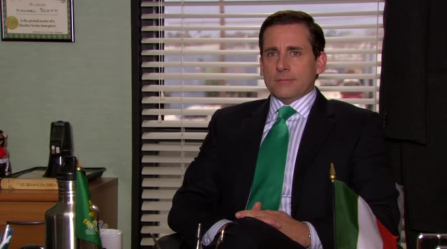 During St. Patrick's Day, Michael puts an Irish flag on his desk to celebrate the occasion. Except, that's actually an Italian flag. The Irish flag is green, white, and orange.