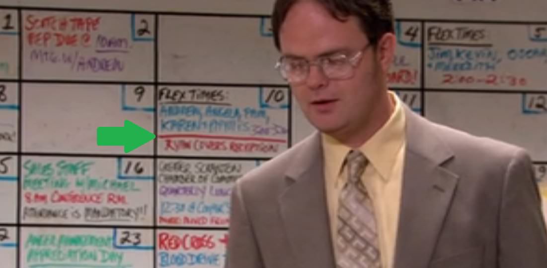 During the second episode of Season Four, you can see that the whiteboard by Angela's desk hasn't been altered, even though by this time Karen is gone and Ryan has been promoted -- like a real office, nobody at Dunder Mifflin cares enough to change it.