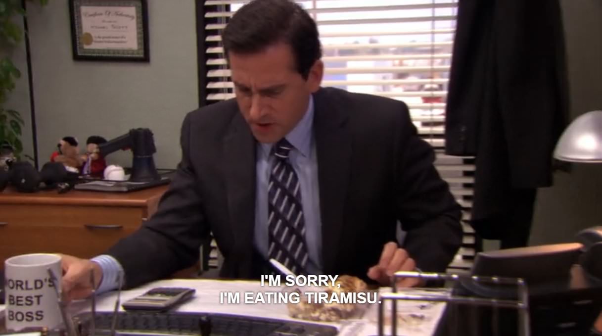 They don't specifically call this out, but later on in the episode, Michael can be seen eating some messy tiramisu -- he got it out of Pam's garbage.