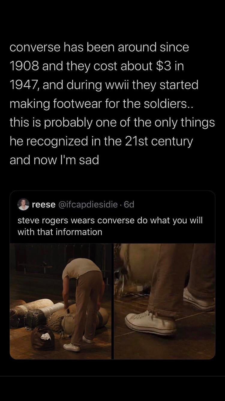 captain america the first avenger scene one - converse has been around since 1908 and they cost about $3 in 1947, and during wwii they started making footwear for the soldiers.. this is probably one of the only things he recognized in the 21st century and