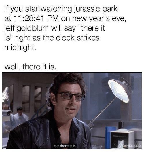 movies to watch new years - jurassic park there - if you startwatching jurassic park at 41 Pm on new year's eve, jeff goldblum will say "there it is" right as the clock strikes midnight. well, there it is. but there it is. Aankland