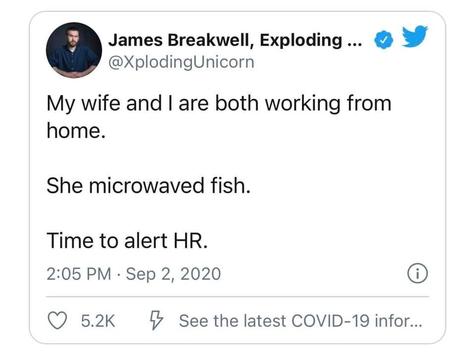 angle - James Breakwell, Exploding ... My wife and I are both working from home. She microwaved fish. Time to alert Hr. 0 5 See the latest Covid19 infor...