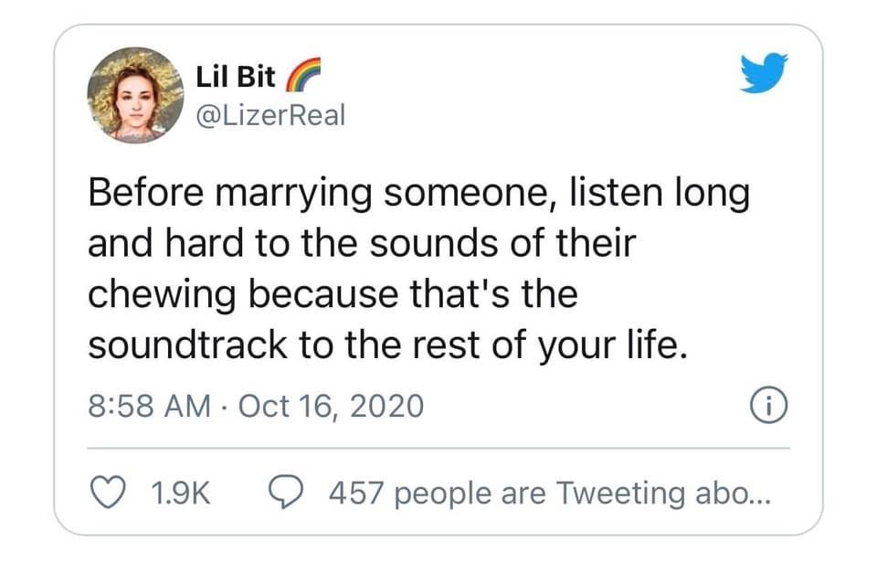 paper - Lil Bit Before marrying someone, listen long and hard to the sounds of their chewing because that's the soundtrack to the rest of your life. 0 9 457 people are Tweeting abo...
