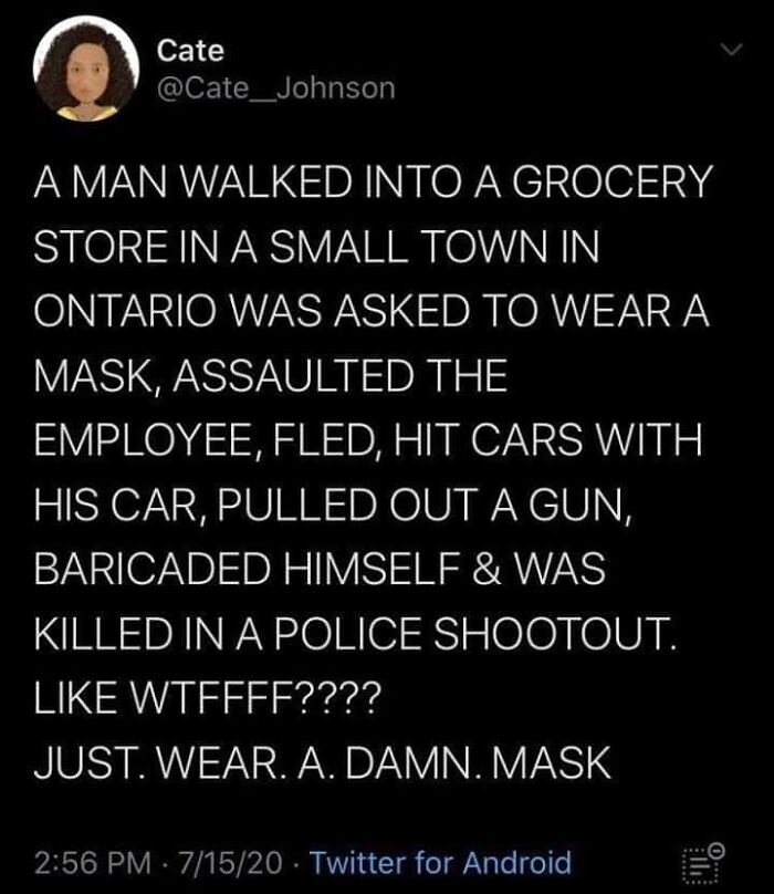 screenshot - Cate A Man Walked Into A Grocery Store In A Small Town In Ontario Was Asked To Wear A Mask, Assaulted The Employee, Fled, Hit Cars With His Car, Pulled Out A Gun, Baricaded Himself & Was Killed In A Police Shootout. Wtffff???? Just. Wear. A. 