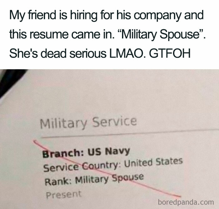 design - My friend is hiring for his company and this resume came in. Military Spouse". She's dead serious Lmao. Gtfoh Military Service Branch Us Navy Service Country United States Rank Military Spause Present boredpanda.com