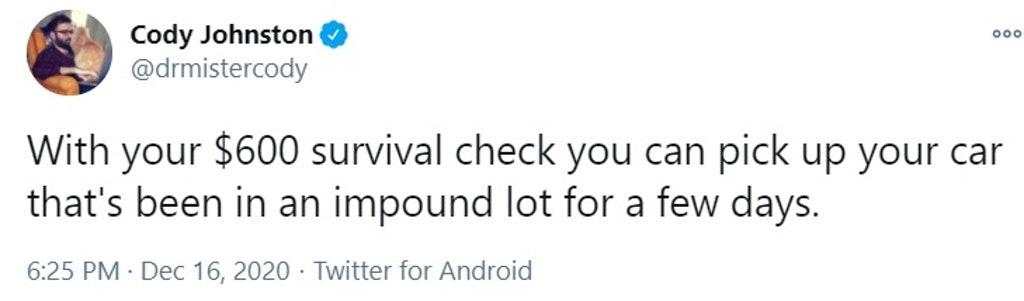netflix joke twitter - Cody Johnston With your $600 survival check you can pick up your car that's been in an impound lot for a few days. Twitter for Android