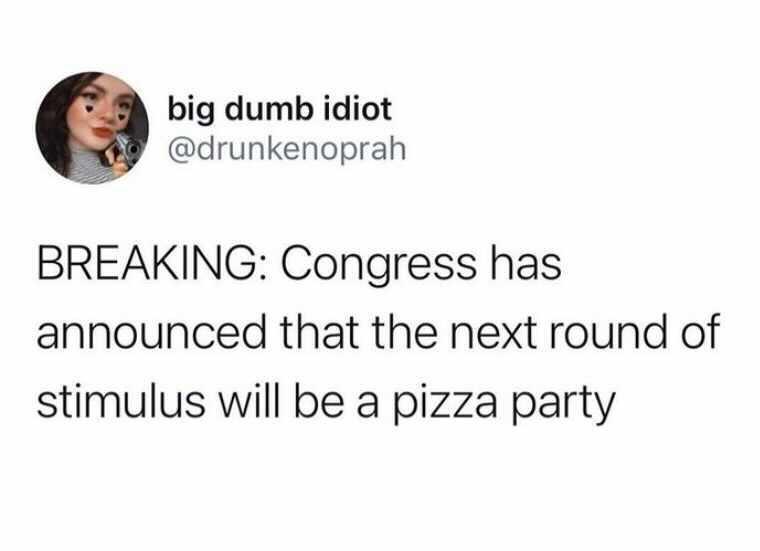 you like that name every meme - big dumb idiot Breaking Congress has announced that the next round of stimulus will be a pizza party