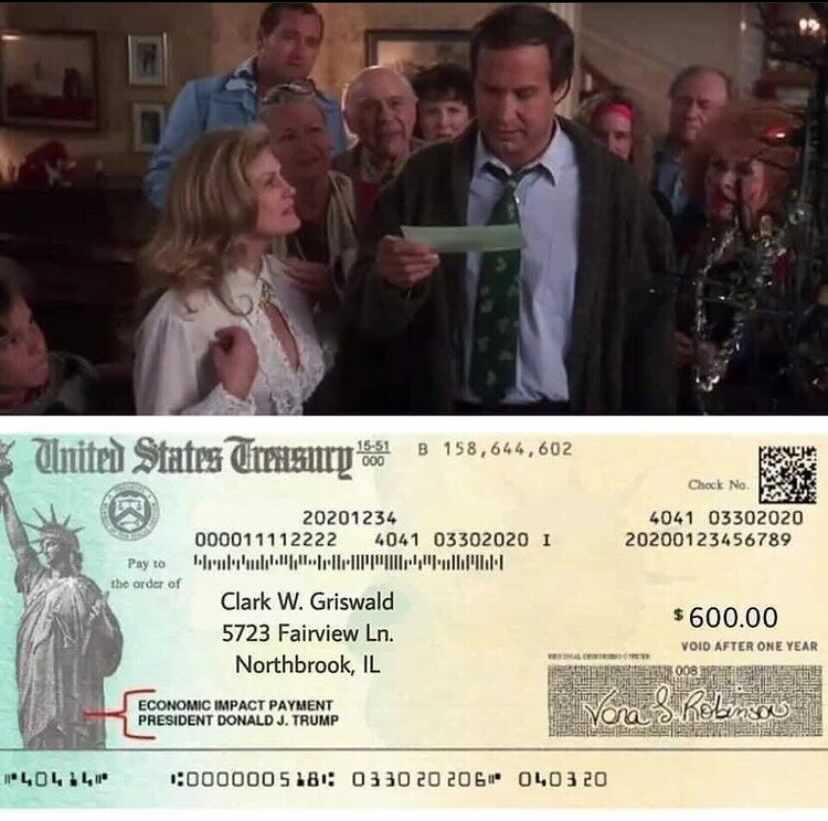 united states treasury check - United States Treasury 1551 000 B 158,644,602 Check No 4041 03302020 20200123456789 20201234 000011112222 4041 03302020 I Pay to fullrlle' the order of Clark W. Griswald 5723 Fairview Ln. Northbrook, Il $ 600.00 Void After O