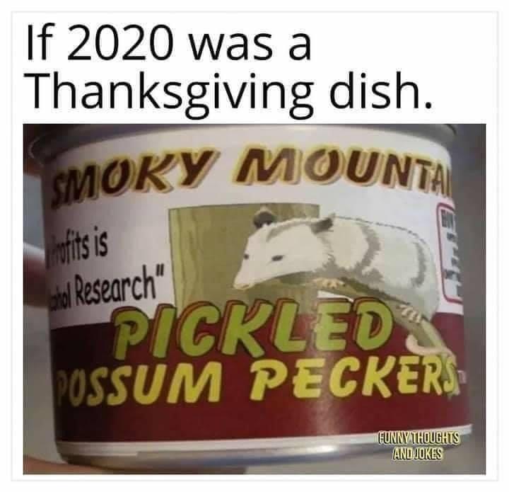 label - Smoky Mountai If 2020 was a Thanksgiving dish. wfits is atal Research" Picrled Possum Pecker. Funny Thoughts And Jokes