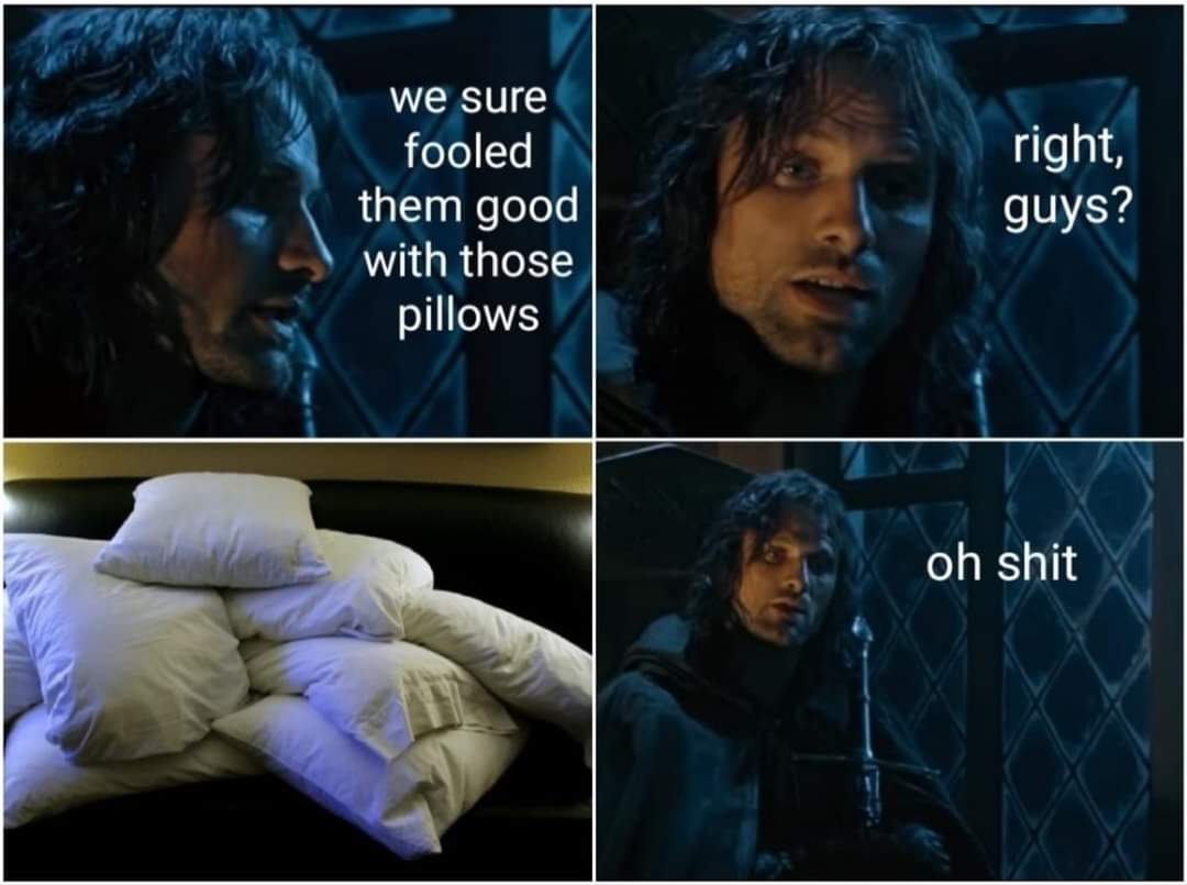 lotr memes - we sure fooled them good with those pillows right, guys? oh shit