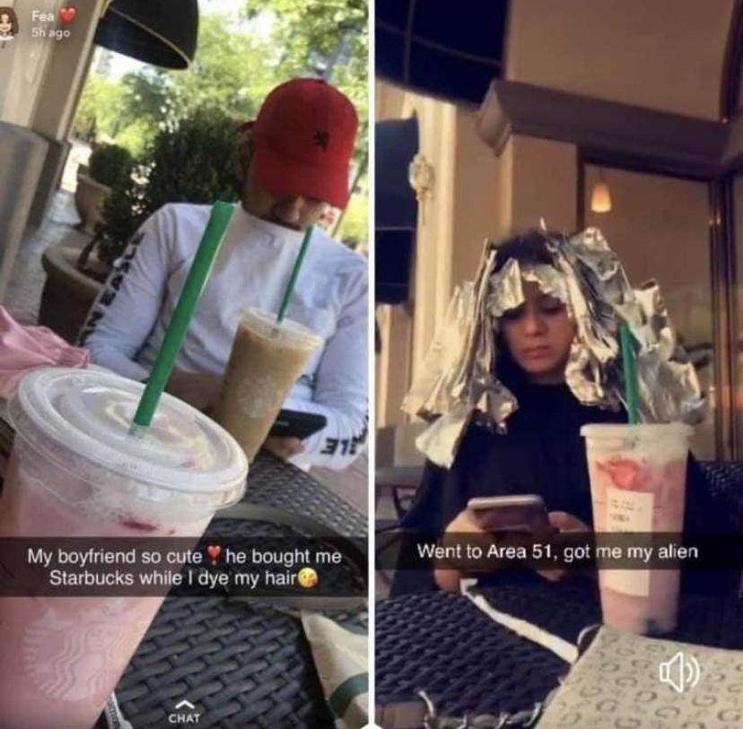 area 51 snapchat memes - Fea Sh ago Went to Area 51, got me my alien My boyfriend so cute he bought me Starbucks while I dye my hair Q Chat