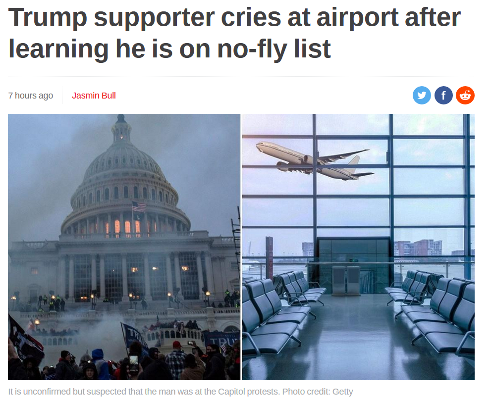 landmark - Trump supporter cries at airport after learning he is on nofly list 7 hours ago Jasmin Bull It is unconfirmed but suspected that the man was at the Capitol protests, Photo credit Getty