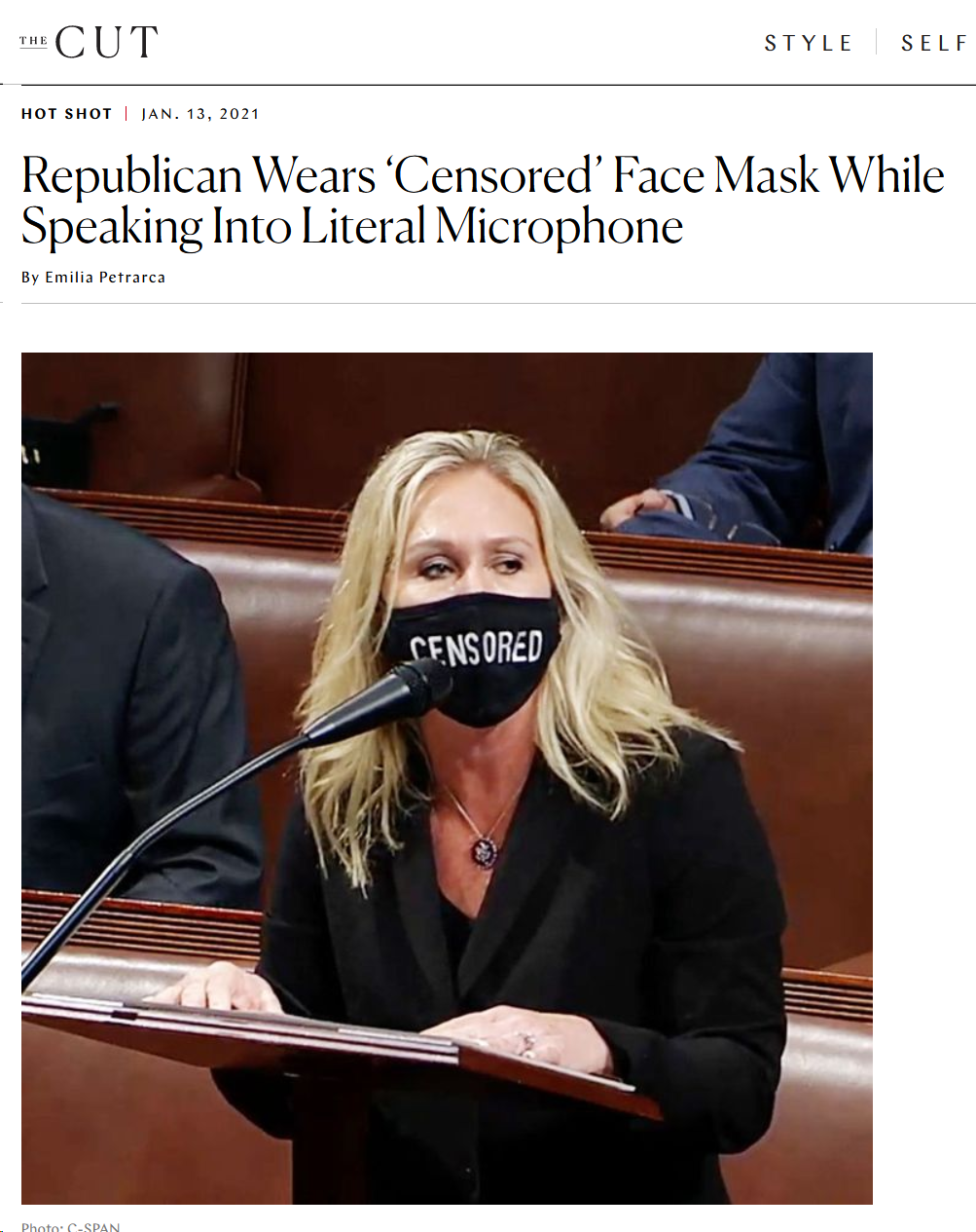 photo caption - Cut Style Self Hot Shot Jan. 13, 2021 Republican Wears 'Censored' Face Mask While Speaking Into Literal Microphone By Emilia Petrarca Sensored In