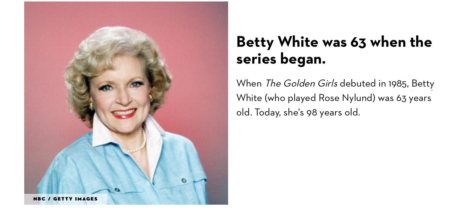 head - Betty White was 63 when the series began. When The Golden Girls debuted in 1985, Betty White who played Rose Nylund was 63 years old. Today, she's 98 years old. Nbc I Getty Images