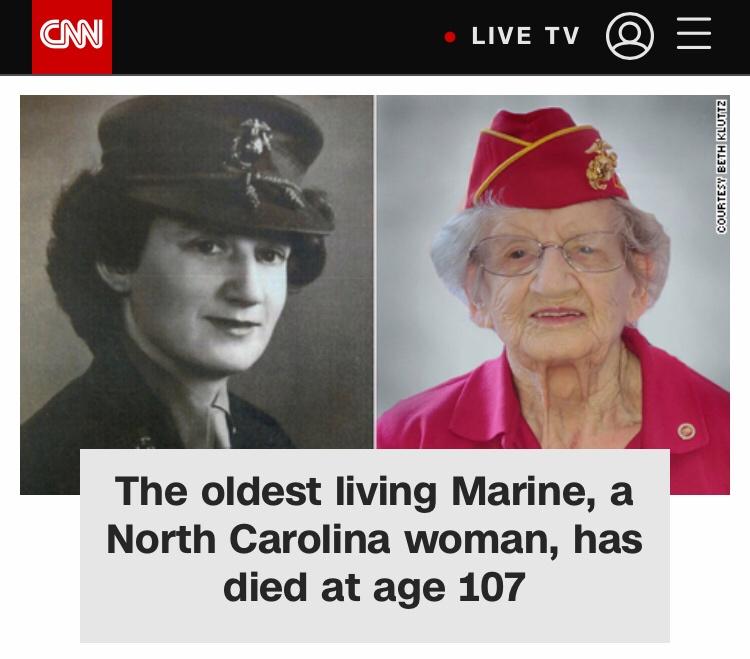 photo caption - Cm Live Tv Courtesy Beth Klutiz The oldest living Marine, a North Carolina woman, has died at age 107