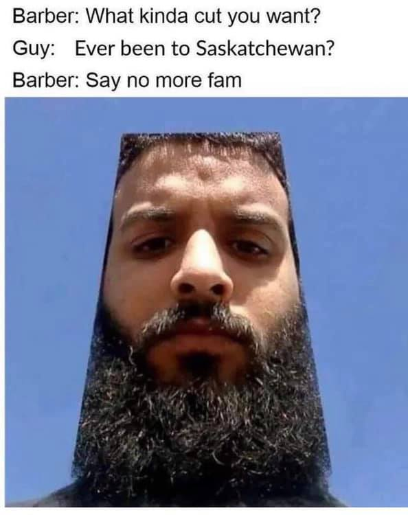 funniest memes ever - Barber What kinda cut you want? Guy Ever been to Saskatchewan? Barber Say no more fam