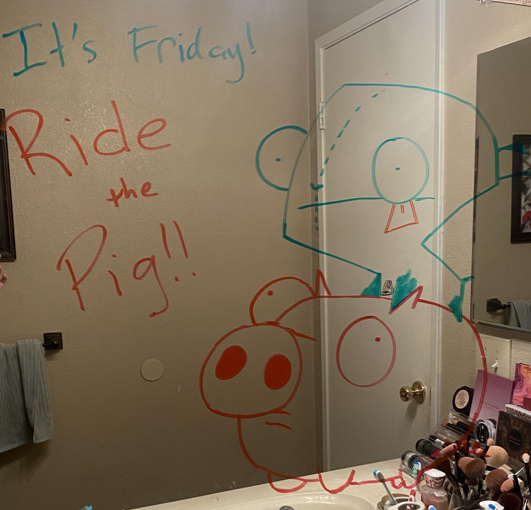 bathroom mirror illustrations - It's Friday! Ride e the . Pig!